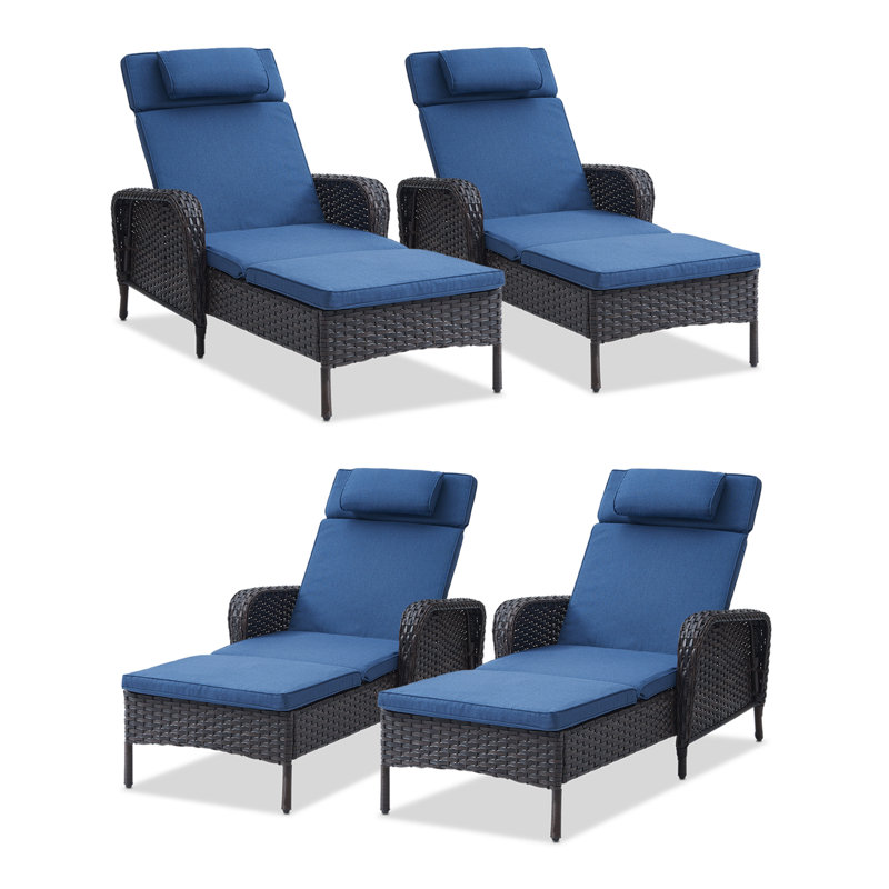 Chaise longue d'extérieur en osier avec coussins Dahlyla (ensemble de 4), Brun, Bleu