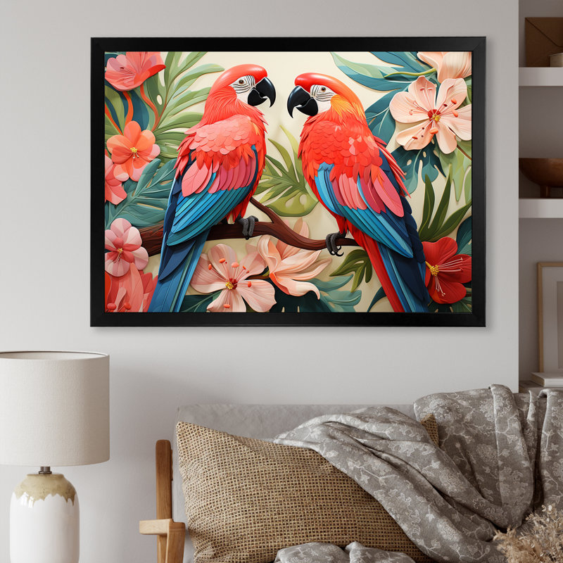 Fleurs tropicales roses et bleues - art mural perroquet, Cadre d'angle fermé noir, H 16 po x l 32 po x P 1 po