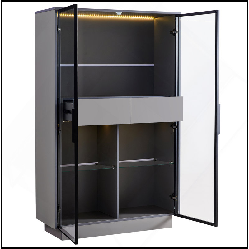 Vitrine haute de 60,6 po avec porte en verre trempé, éclairage DEL, deux tiroirs, armoire de rangement de style moderne pour le salon, le bureau et le bureau, gris