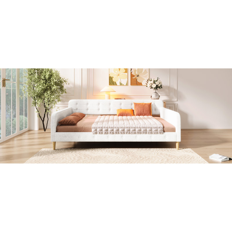 Beige Upholstered Daybed, Queen Size, 4 Legs, Pine And Frame, Functional For Living Room, No Box Spring Needed Size With Linen, Support Solid Versatile Home, Easy Assembly