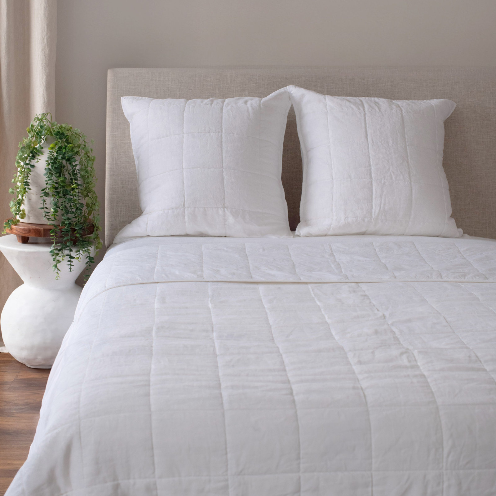 French Linen Box Stitch Quilt, Twin Quilt, White