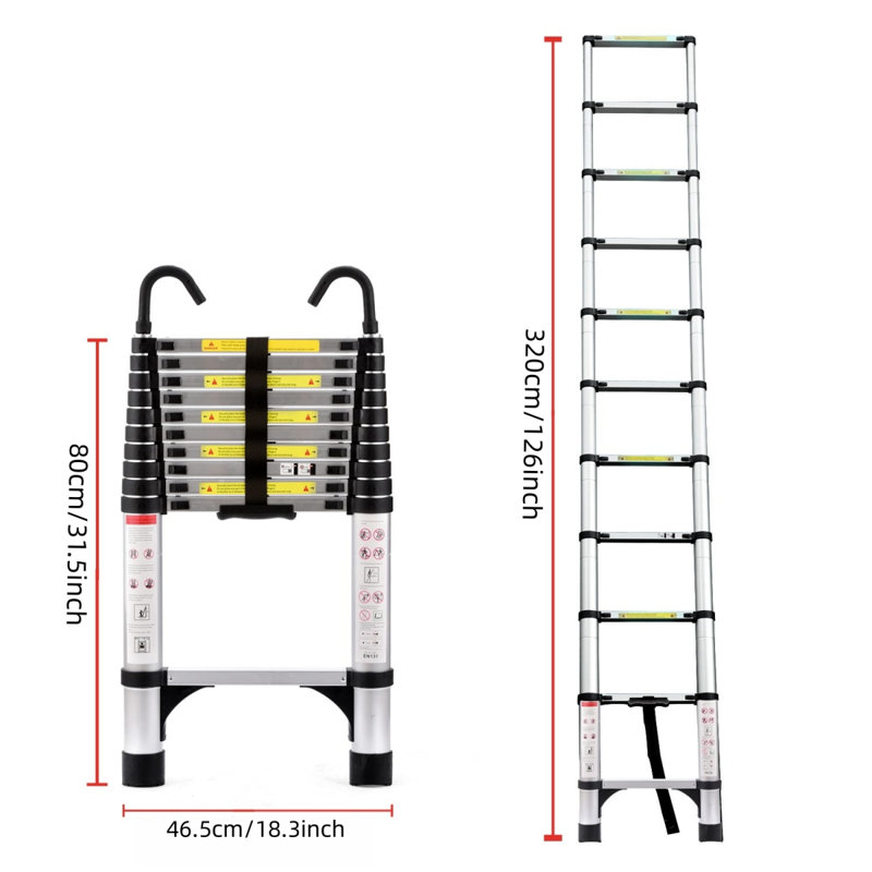 Échelle rétractable 10,5 pi (environ 3,2 m), échelle pliable multifonctionnelle, avec crochet, échelle rétractable en aluminium, convient pour une utilisation quotidienne dans un véhicule récréatif, un grenier, une maison, 330 livres