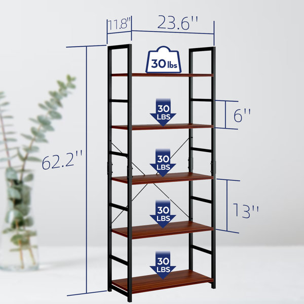 HSH 6 Tier Tall Bookshelf, Wood and Metal Vertical Display Book