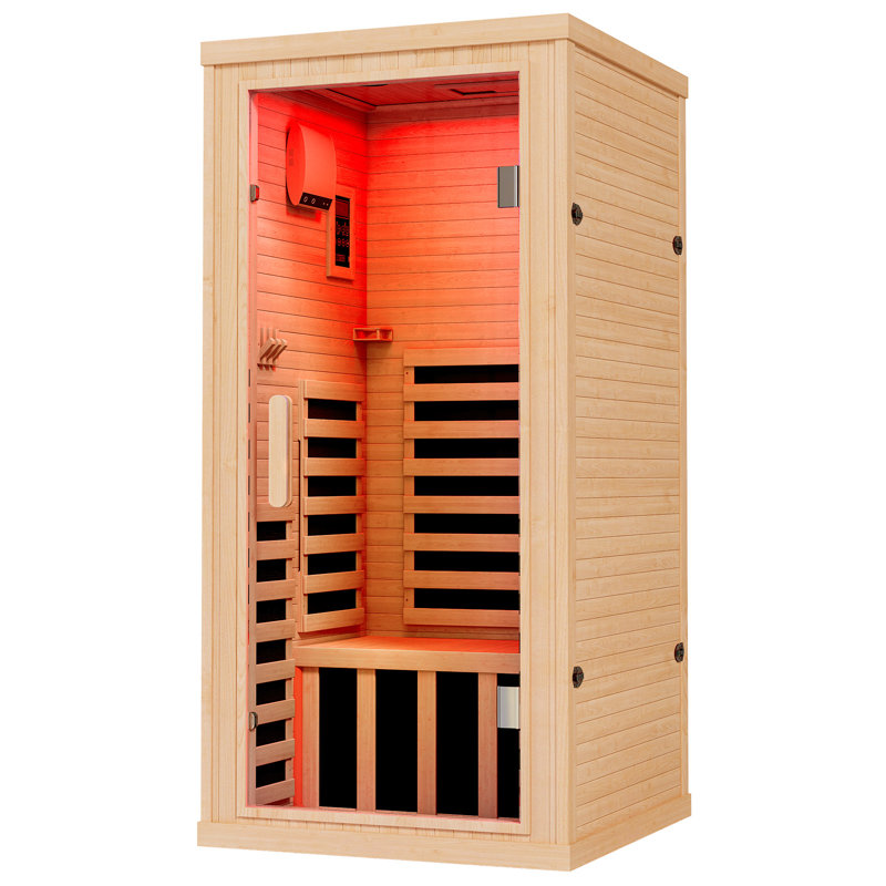 Indoor Infrared Sauna Room, 1230W/120V Hemlock Wood 1 Person Infrared saunas for Home with 7 Color Therapy Lamp, LCD Control Panel, Foot Heater, Dual Bluetooth Speakers, 32.3x32.3x66.1inch
