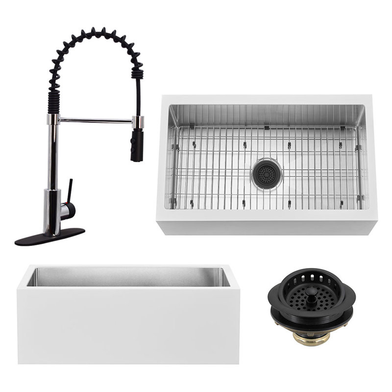 30'' L Single Bowl Kitchen Sink, Polished Chrome/Matte Black
