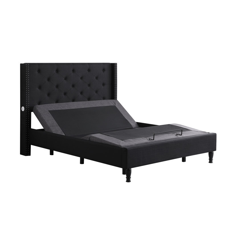 Levasy Upholstered Wingback Bed, Black, Queen