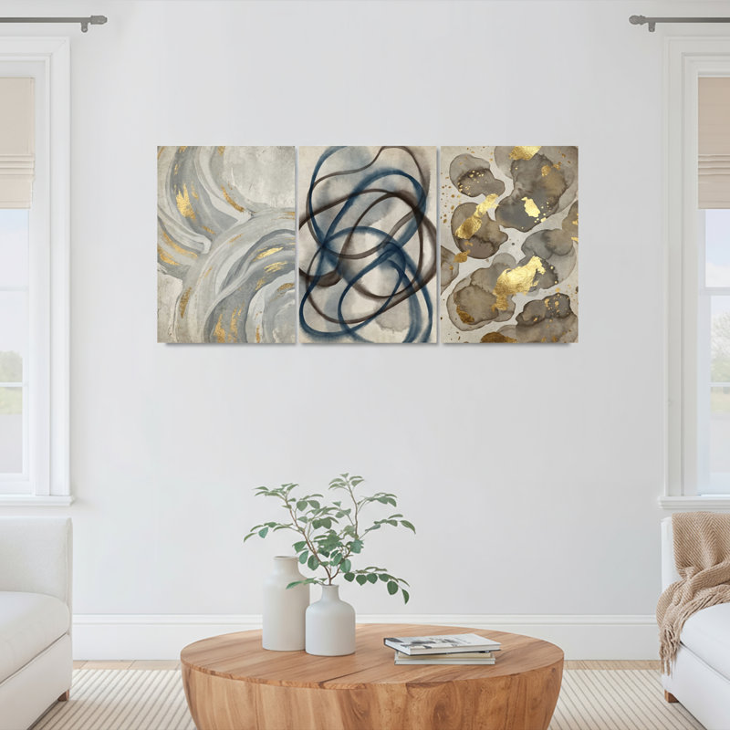 Abstrait or et gris tourbillons sur toile tendue, ensemble de 3 reproductions d'art, H 36 po x l 72 po
