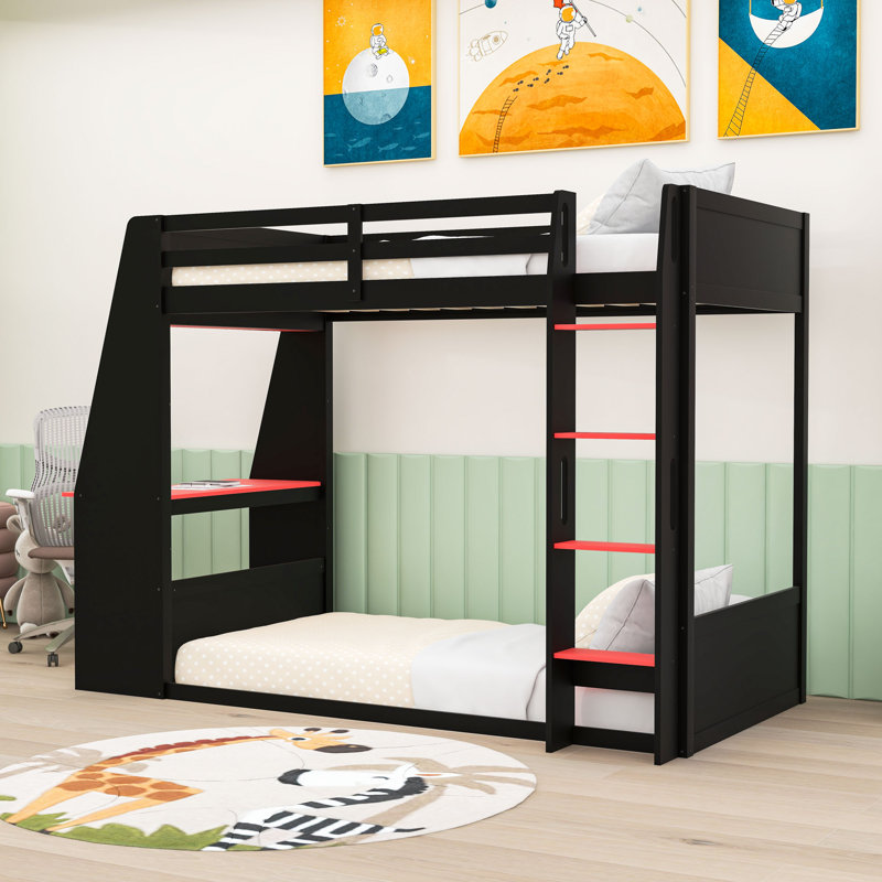 Lit superposé avec bureau, USB, lumières DEL et tablettes de rangement, Simple sur simple, Noir / Rouge