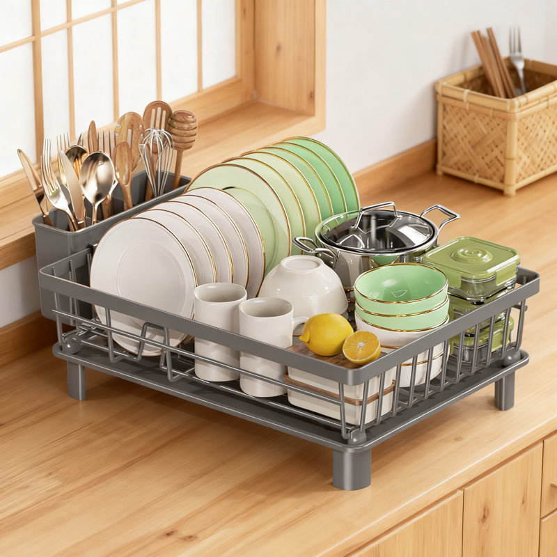 Stainless Steel Dish Drying Rack With Drainboard, Space Saving Dish Rack With Smart Drainage System And Cutlery Holder For Kitchen Counter