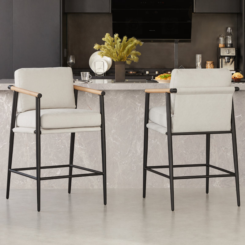 Beige Upholstered Counter Stools with Metal Frame and Wooden Armrests