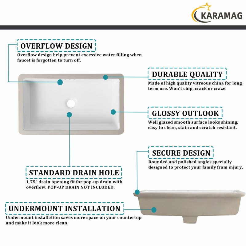 KARAMAG 24" Undermount Bathroom Sink Rectangular Deep Bowl ith Three Overflows White