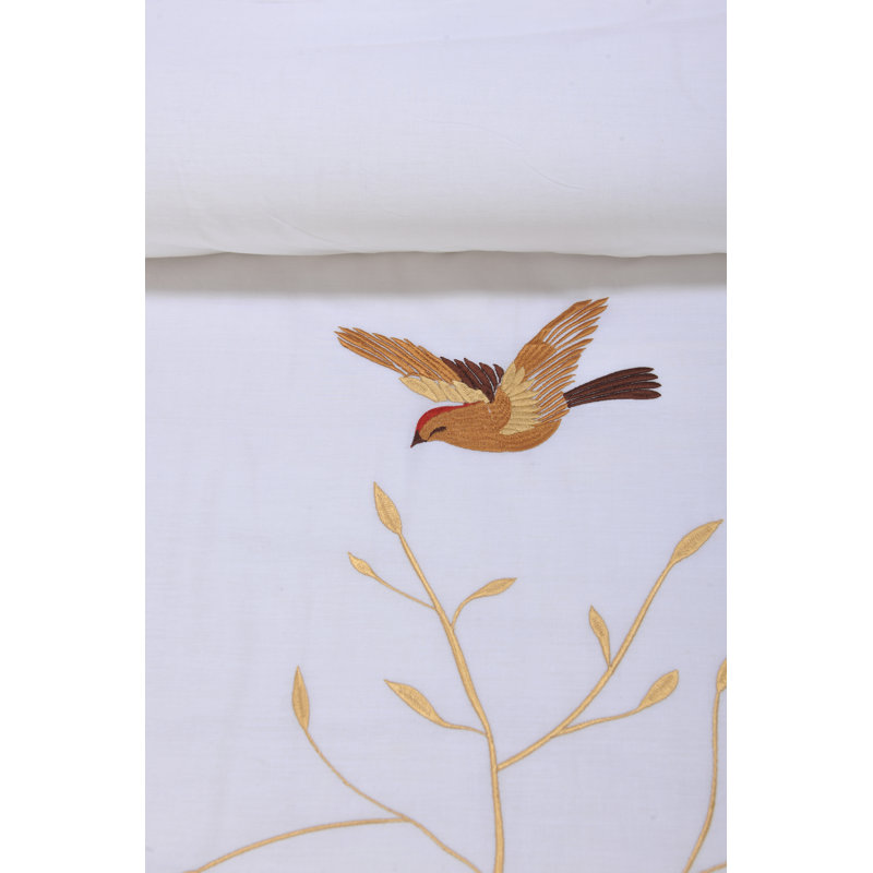 Full/Queen White and Brown Cotton Embroidered Duvet Cover Set