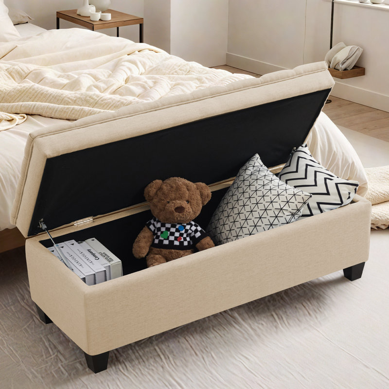 51" W Linen Upholstered Flip Top Storage Bench, Khaki