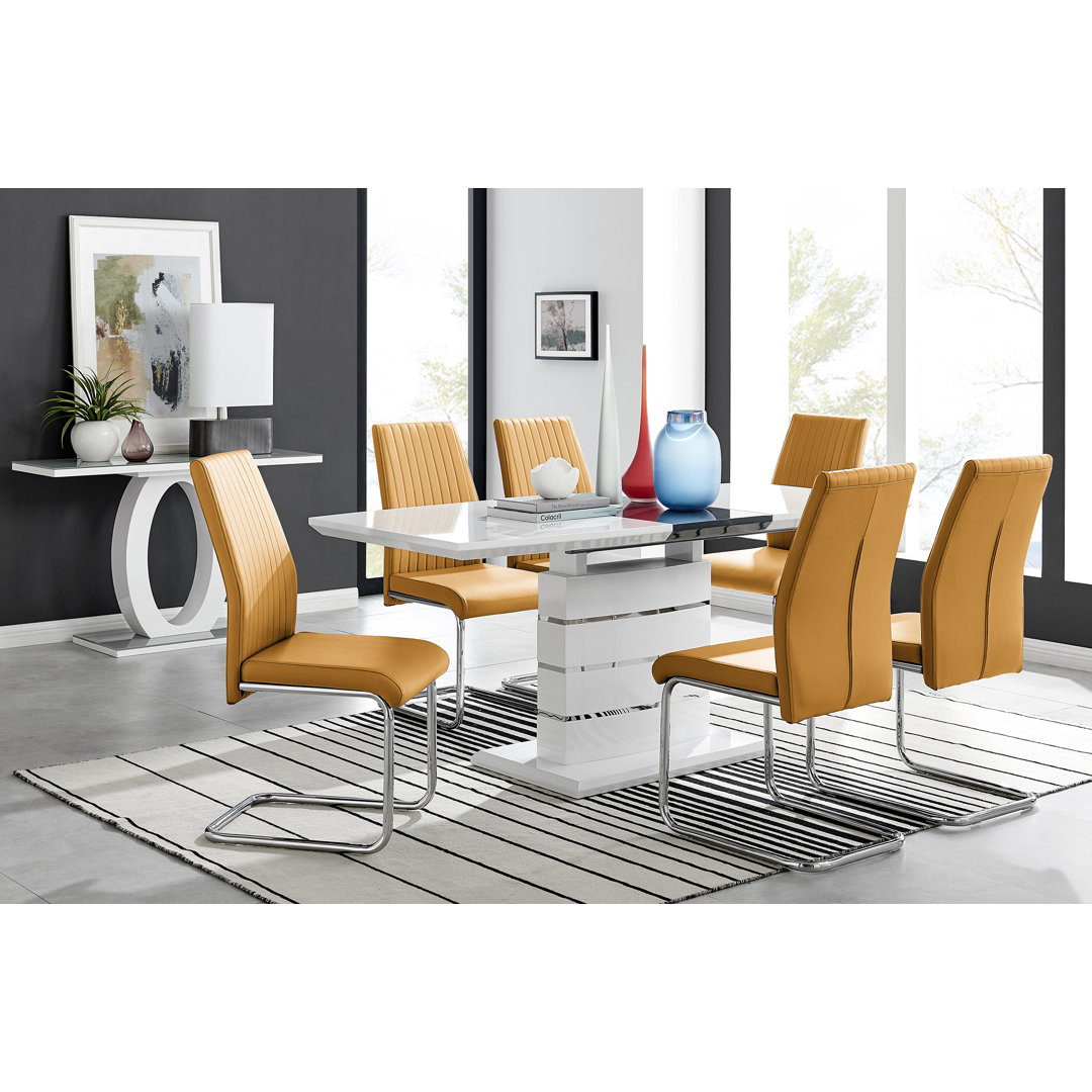 Everson Large High Gloss Extendable Dining Set with 6 Luxury Faux Leather Upholstered Dining Chairs East Urban Home Chair 
