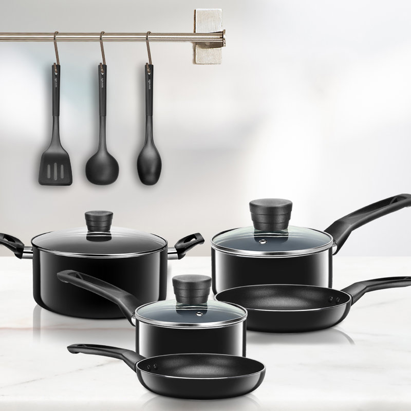 SereneLife 11-Piece Black Non-Stick Aluminum Cookware Set
