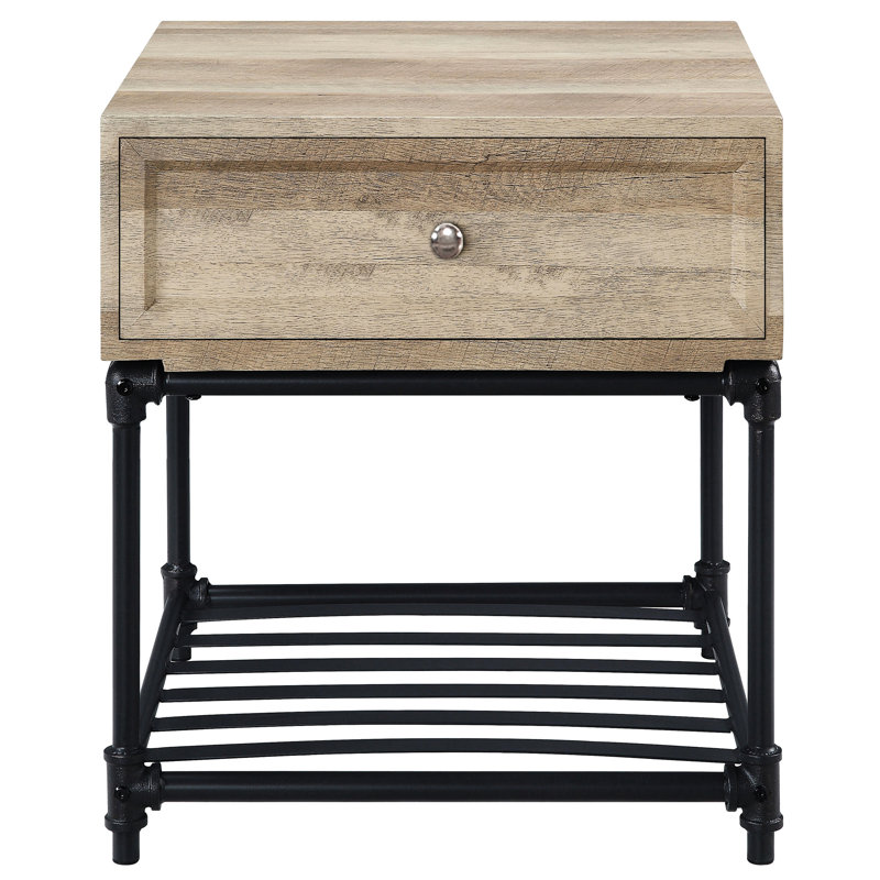 Table de bout industrielle avec tablette, finition noir sablé et chêne