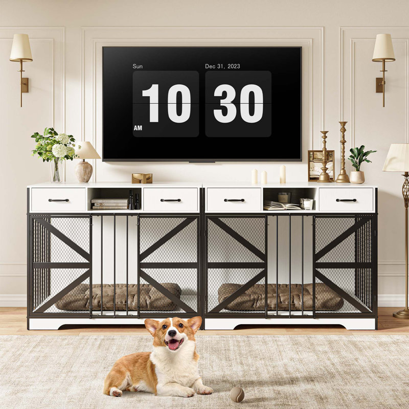 Farmhouse Dog Crate Furniture for Medium & Large Dogs with Lockable Double Doors,  Storage Drawers & Open Shelf, Wooden Indoor Kennel Console Table