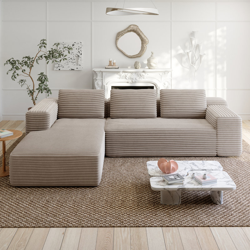 Upholstere Boneless Sectional Couch, 2-Piece Corduroy Sofa, Compression Cloud Modular L-Shape Chaise Modern Minimalist Comfy Sleeper Sofa for Living Room, No Assembly Required