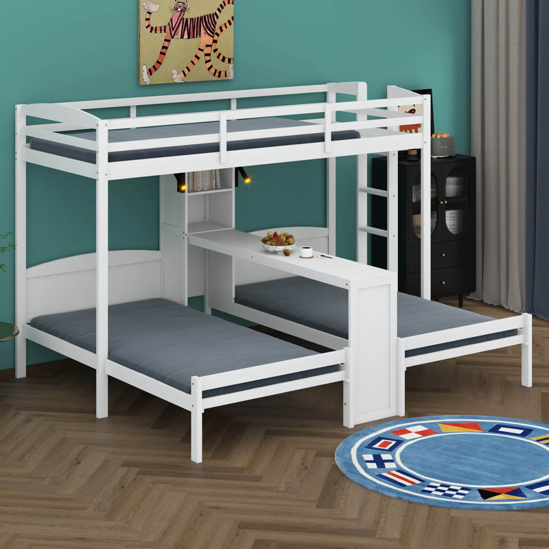 Lit superposé simple au-dessus de simple et simple avec bureau et tablettes de rangement, cadre de lit superposé triple en bois peu encombrant avec éclairage DEL