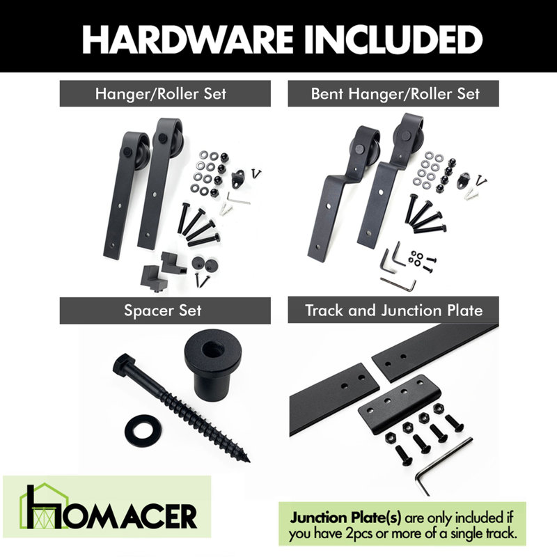 Homacer Black Rustic Single Track Bypass Sliding Barn Door Hardware Kit, For Three Doors, 9Ft Long Flat Track, Classic Design Roller,  (2 Flat+ 1 Bent Roller Set)