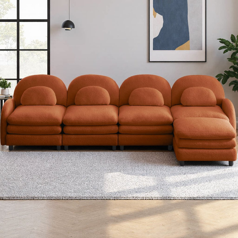 Teddy Fabric L-Shaped Cloud-like 4-Seater Modular Sectional Sofa, Curved Backrest & Armrests, Movable Ottoman, Double-Layer Cushion with Lumbar Pillows for Supportive Comfort