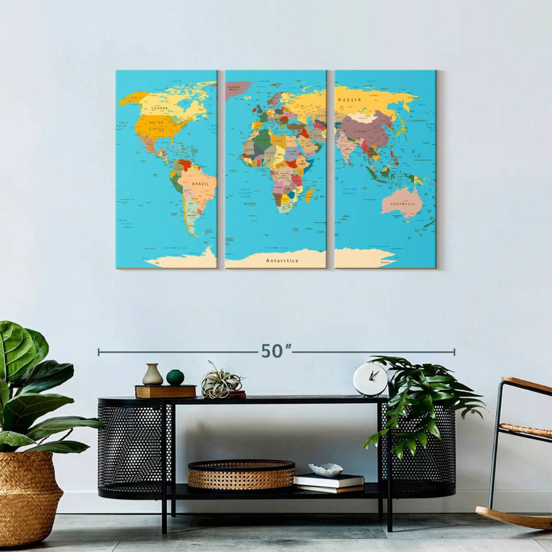 Carte détaillée du monde sur toile, ensemble de 3 pièces, H 28 po x l 45 po x P 1,25 po