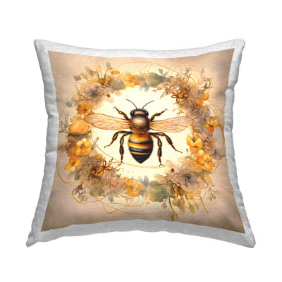 Country Bee Wreath Printed Outdoor Throw Pillow Design by Petal Prints Design