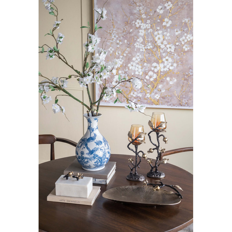 D5.1x17" Decorative Votive Candle Holder With Black And Antique Gold Floral Vine Design
