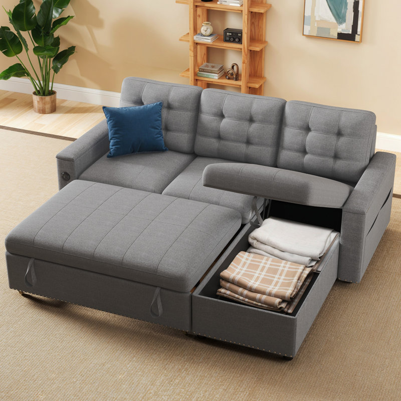 Canapé-lit en L avec rangement, chargement USB et de type C, Lin gris foncé