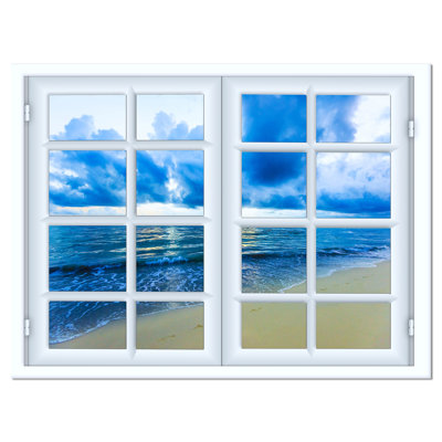 Fermé de la fenêtre au paysage marin bleu - impression sur toile tendue