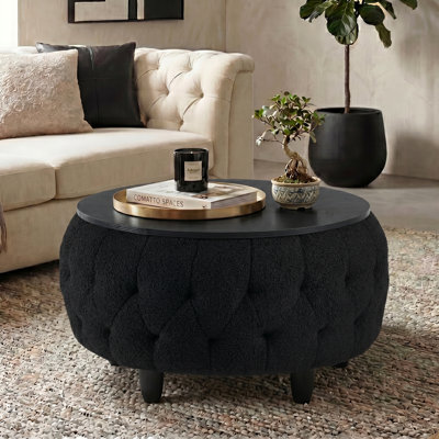 32 Inches Teddy Fleece Tufted Ottoman,Large Round Storage  Coffee Table with Wooden Tabletop,Black