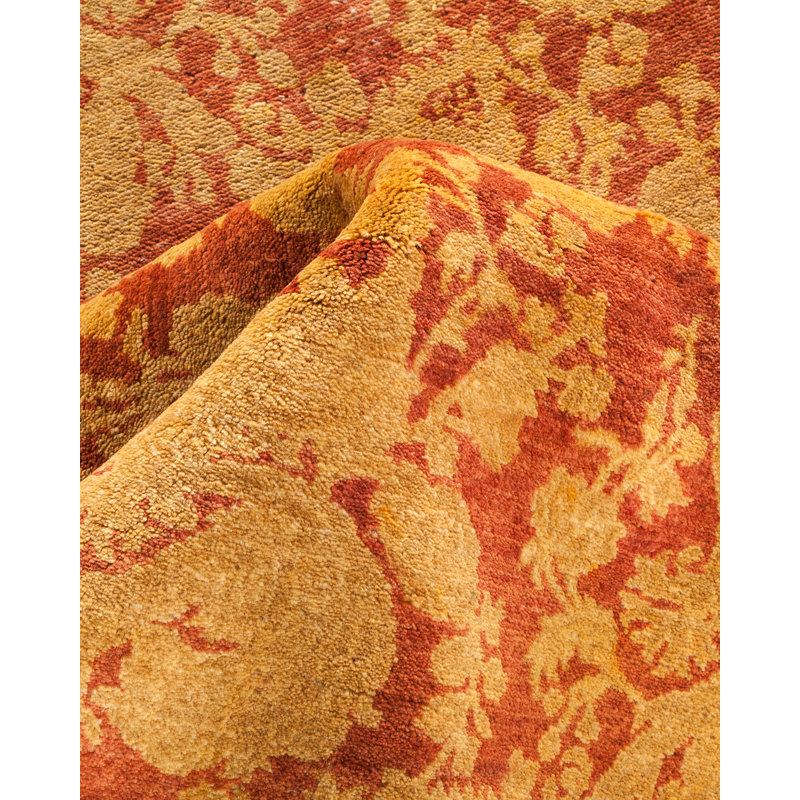 Tapis orange en laine noué à la main de conception unique 8 pi 2 po x 8 pi 3 po Cohbert Mogul