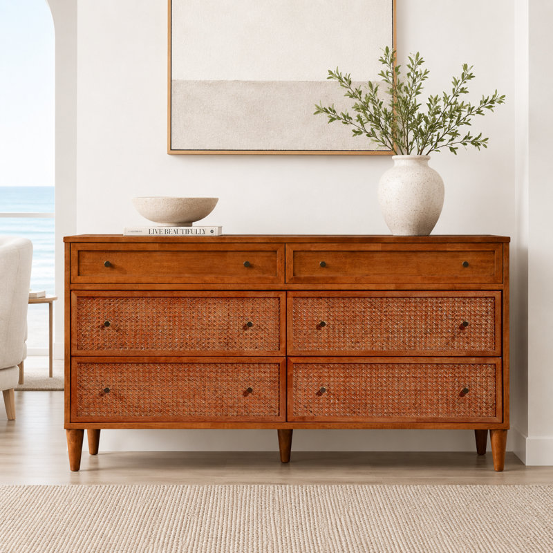 Ingraham 59.1" W Mid-Century Modern Solid Wood Cane 6-Drawer Double Dresser