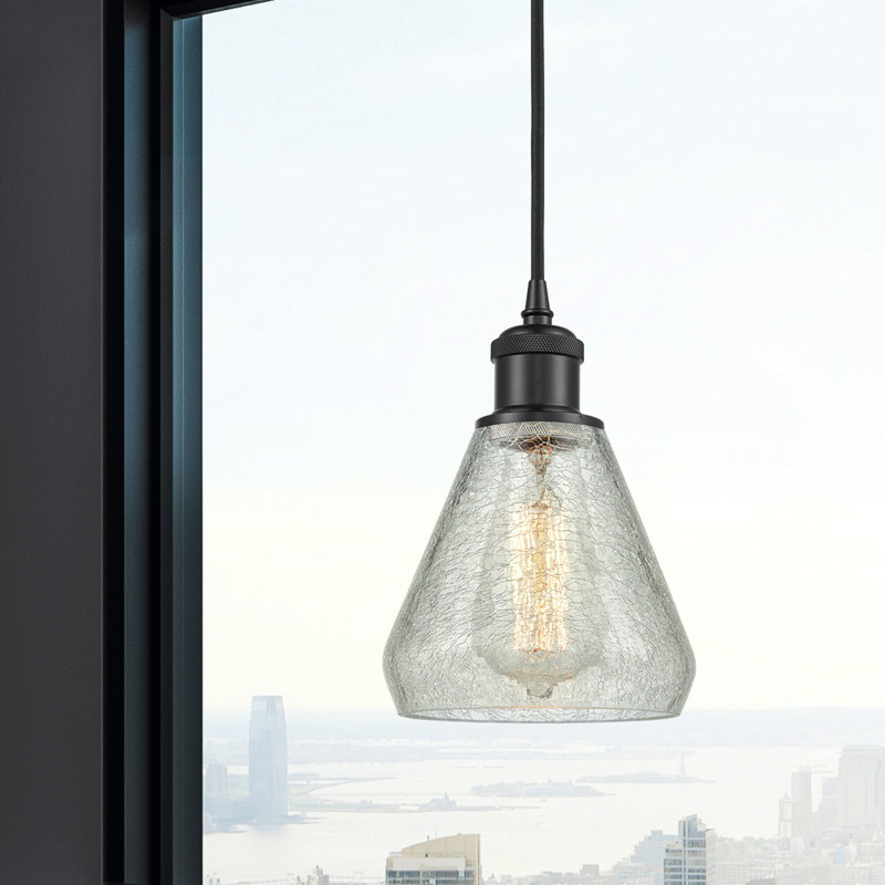 Berlin 1 - Light Single Pendant, Matte Black, Clear Crackle, 6 Watt Vinage LED Bulb