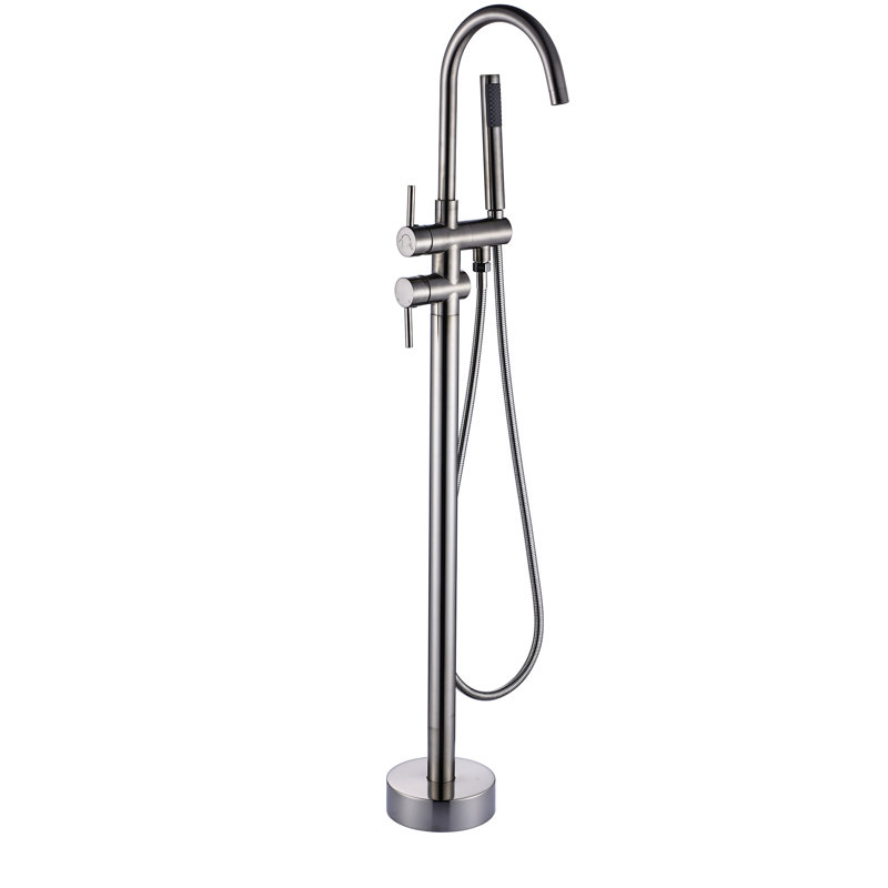 Robinet de baignoire autoportant avec douche à main, base haute stabilité, fixation au sol en nickel brossé à poignée simple, tuyau de 59 po, finition