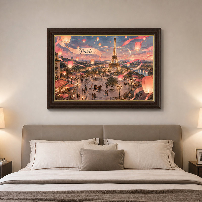«Illuminated Eiffel Tower and Pink Lanterns Over Paris City», art mural sur toile, H 16 po x l 24 po