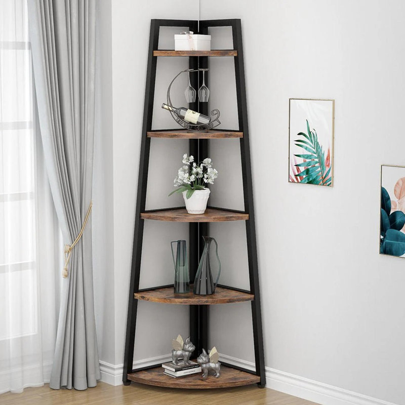 70.07" Tall Corner Shelf, 5 Tier Rustic Brown Corner Bookshelf Bookcase Industrial Corner Ladder Shelf Plant Stand For Living Room, Kitchen, Home Office