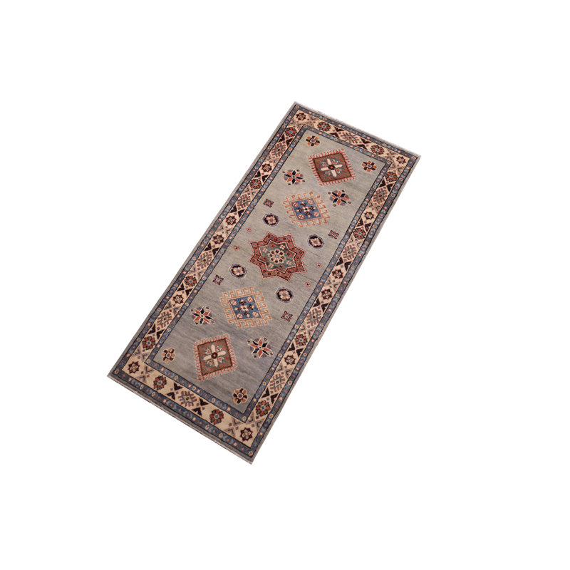 Tapis de couloir Tribal Kazak Adrianna en laine bleu clair / ivoire - 2 pi 3 po x 5 pi 9 po