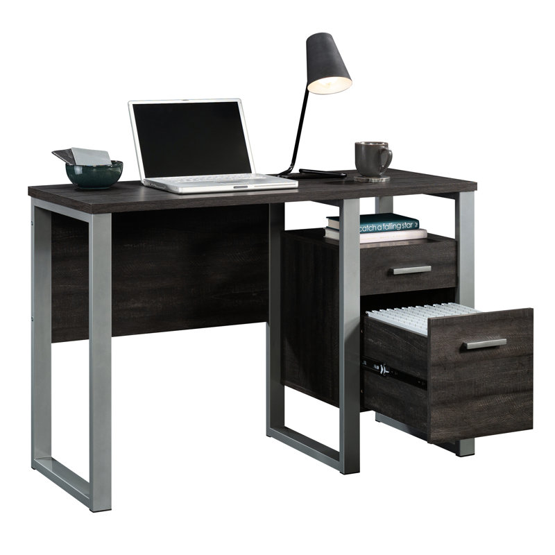 Bureau brun foncé avec un seul piédestal pour le bureau personnel, glissières et tiroirs de rangement en métal, structure thermolaquée argentée de style moderne, construction, tiroir coulissant lisse, 45 po