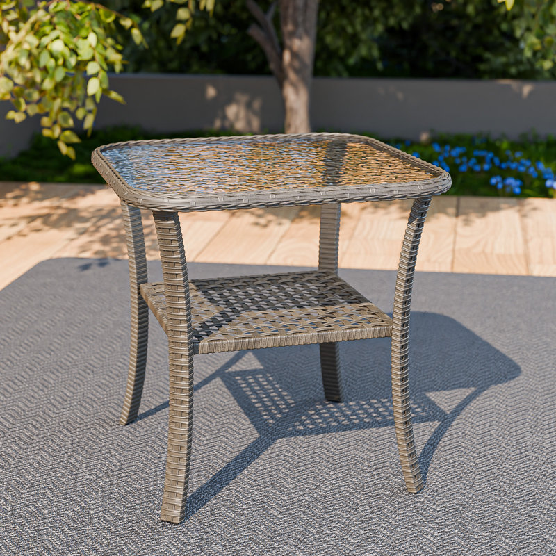 Table d'appoint en osier et rotin avec plateau en verre, Gris délavé