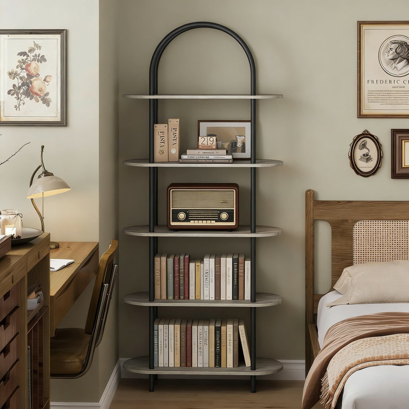 Bibliothèque à 5 niveaux avec structure en métal, bibliothèque ouverte autoportante et tablette de présentation pour le bureau à domicile, le salon et la chambre à coucher