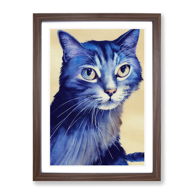 Cat Watercolour No.3 - Wall Art, 36cm H x 27cm W x 2cm D, Walnut Framed, White