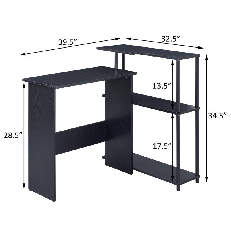 Bureau noir avec 3 tablettes et tablette latérale pratique, Noir