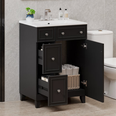 24" Vanity – 2 Drawers + Soft-Close Door, 5.9" Ceramic Sink, Solid-Wood Feet & Gold Knobs. Petite Spa Storage for Small Bath