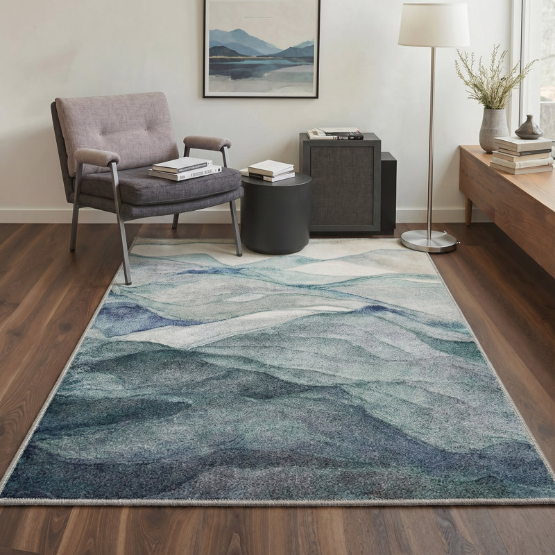 Tonicka Mistara Abstract Machine Washable Green / Beige Indoor Area Rug with Non-Slip Backing, Round 5'