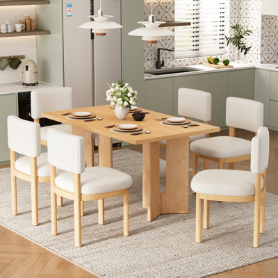 Wood Dining For 6, 60 - Inch Table With Artistic Legs, Soft Upholstered Chairs, Family Dinners Rectangular And 6 60" Table, Rounded Corners, Small