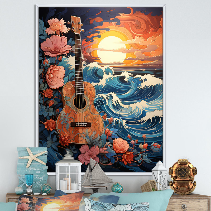 «Ocean Charm Vivid Wood Cut Effect II», reproduction sur toile, Cadre flottant blanc, H 32 po x l 16 po x P 1 po