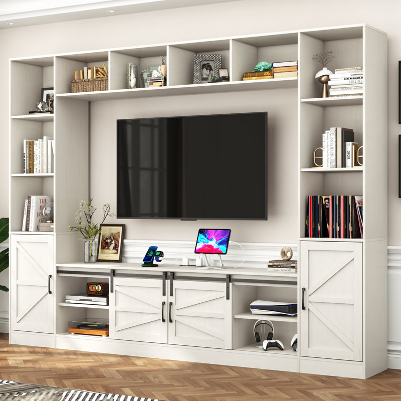 Entertainment Center/TV Stand For Tvs Up To 80" With Charging Station, Sliding Barn Door Cabinets, And Bookcase, White