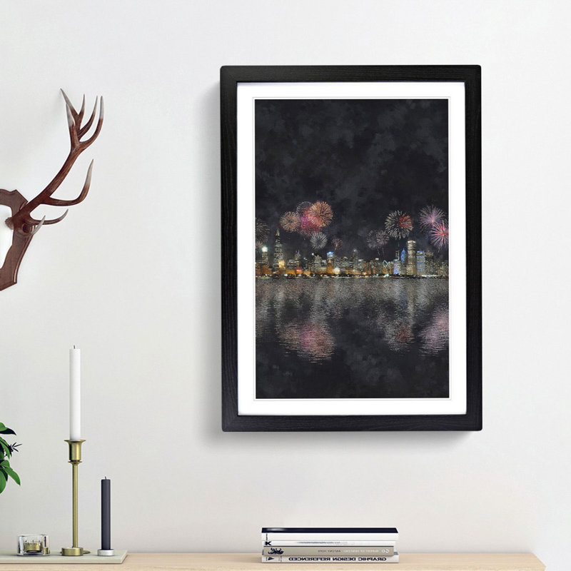 Fireworks Above the Chicago - Picture Frame Painting Print, 33cm H x 24cm W x 2cm D, Black Framed