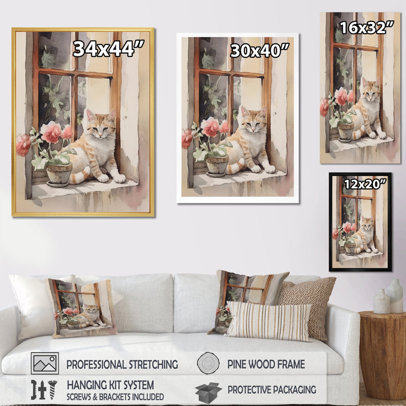 «White Cat Sitting On Windowstill», impression sur toile, H 32 po x l 24 po x P 1 po, Toile tendue